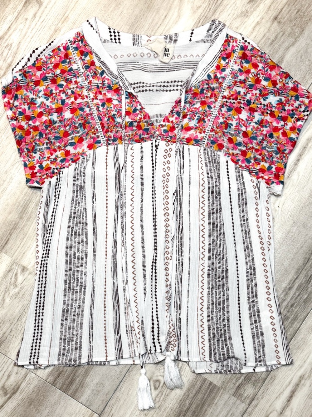Savanna Jane White Striped Blouse with Bright Floral Yoke